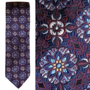 ITALY Jos A Bank "Signature Gold" Textured Silk Tie 60" Medallion Burgundy Navy